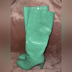 Mint Green Crocodile Heeled Calf Boots